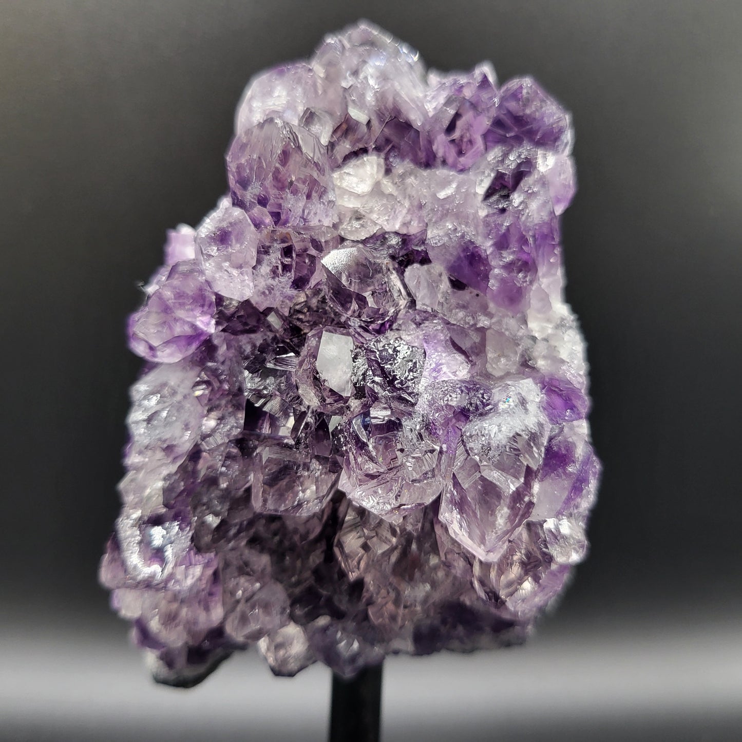Frozen-Amethyst – Amethyst mit Bergkristall-Überzug auf Ständer