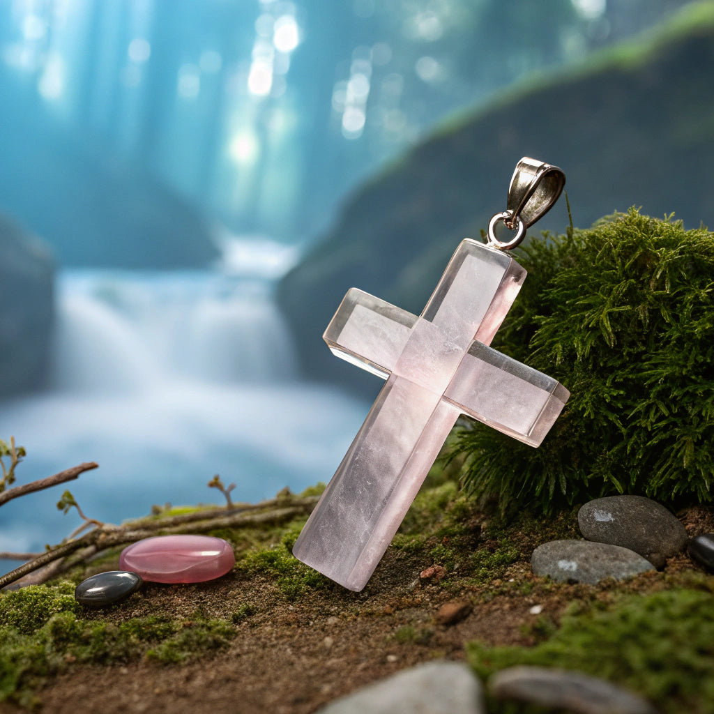 Rosenquarz Kreuz-Anhänger – Sanfte Liebesbalance